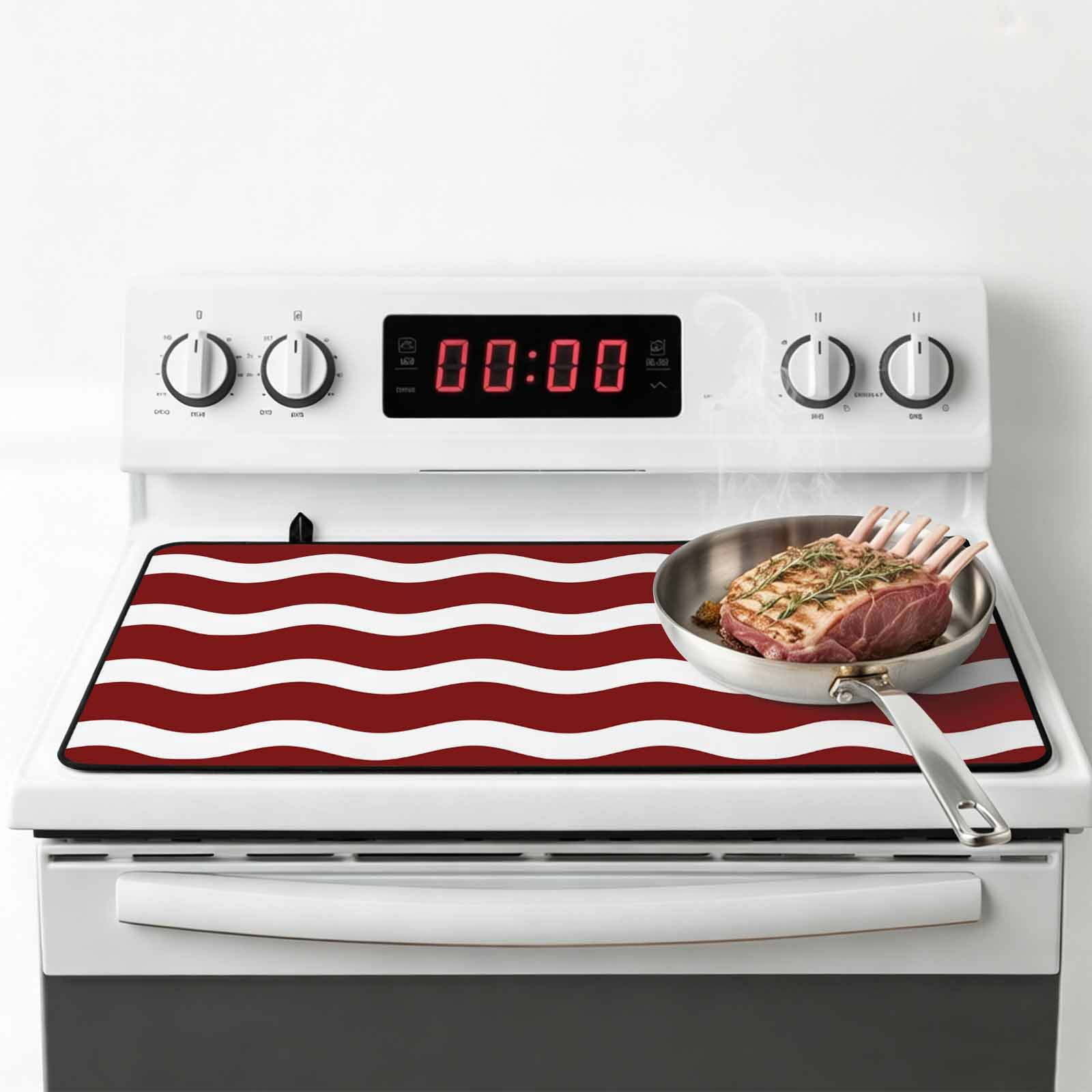 Red Ripple Stove Top Cover for Electric Stove, Heat-proof & Non Slip Glass Top Stove Cover Protector, Simple Red White Waves Aesthetics Kitchen Flat Cooktop Rubber Mat 24x21 Inches