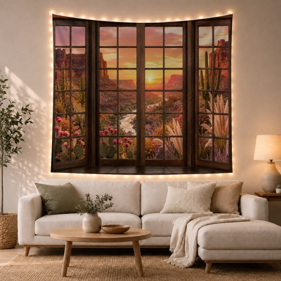 Red Rock Mesa with Cacti in Desert Valley, Dreamy Rustic for Nature Lovers, Southwest Scenery Home Decor, Housewarming Gift, Tapestry Wall Hanging for Bedroom and Living Room