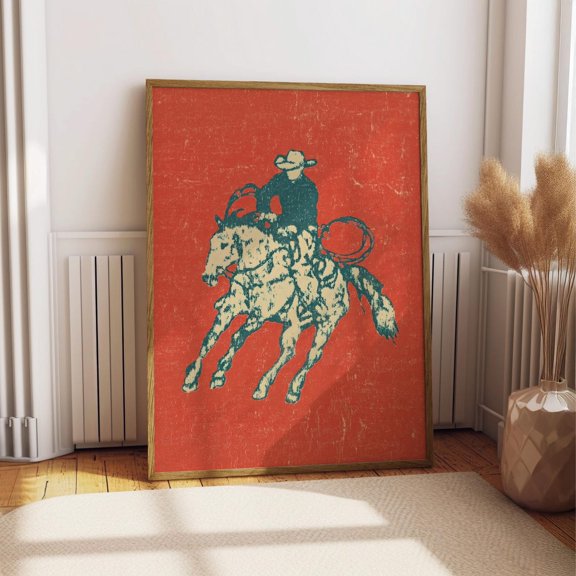 Red Rodeo Pop Art Gemmed Bull Rider Vibrant Western Colorful Cowboy Maximalist Contemporary Graphic Poster Unframed Paper Print