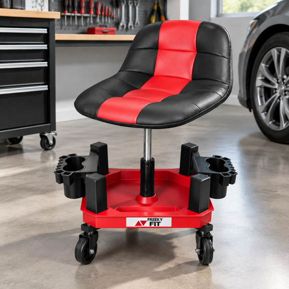 Red Rolling Adjustable Shop Stool with Wheels, Tool Tray and Cup Holders