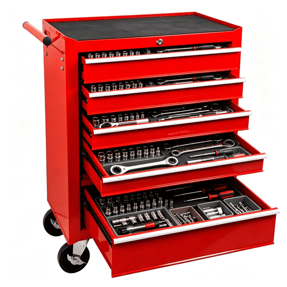 Red Rolling Tool Box with 5 Drawers, 24.4" Wide Tool Cabinet on Wheels, Metal Garage Storage Organizer for Mechanics, Workshop Repairs and Home Tool Organization