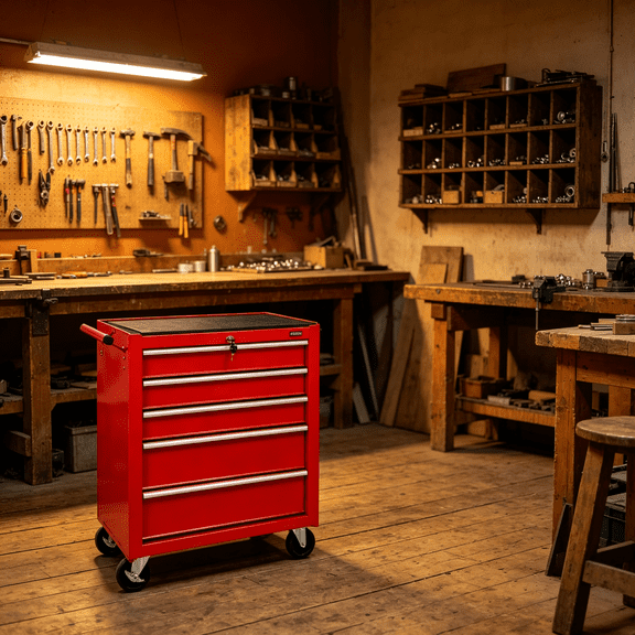 Red Rolling Tool Cabinet with Drawers, 24.4" Wide Metal Tool Box on Wheels, 5 Drawer Garage Storage Organizer for Mechanics, Workshop Workstations and Repair Tools