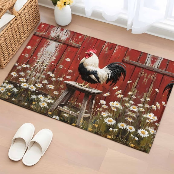 Red Rooster Bathroom Mats 2x3 FT, Non Slip Small Kitchen Mat, Farmhouse Animals Spring Floral Rustic Washable Soft Backed Front Door Throw Rugs Non-Shedding Indoor Outdoor Doormat for Entryway Sink