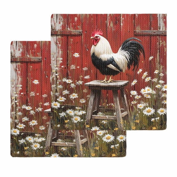 Red Rooster Dish Towels Set, Waffle Weave Kitchen Towels 2 Pieces, Farmhouse Animals Spring Floral Rustic Microfiber Hair Face Bath Tea Towel Absorbent Quick Drying Cleaning Dish Cloths 12"x12"