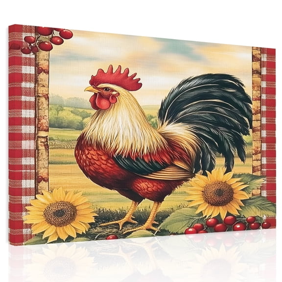 Red Rooster Flowers Egg Canvas Print Wall Art, Vintage Style Farm Rooster Red Plaid Wall Decor Modern Artwork Paintings Pictures for Living Room Framed and Stretched Ready to Hang, 24" x 32"