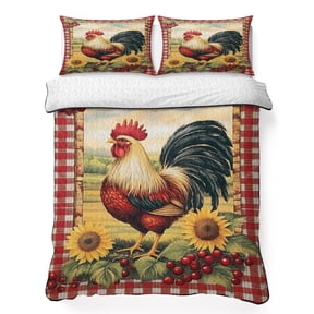Red Rooster Flowers Egg King Quilt Bedding Set, Vintage Style Farm Rooster Red Plaid Lightweight Comforter with 2 Pillow Shams Bedroom Bedspread Set Home Decor for All Seasons
