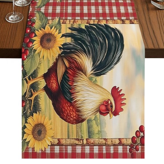 Red Rooster Flowers Egg Table Runner 48 Inches Long, Vintage Style Farm Rooster Red Plaid Cotton Linen Dining Table Runner Dresser Scarves for Home Kitchen Party Decor 13"x48"