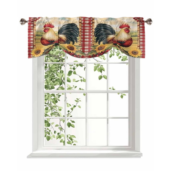 Red Rooster Flowers Egg Tie Up Valances Curtain, Vintage Style Farm Rooster Red Plaid Kitchen Valances for Windows Decor, Rod Pocket Short Curtains Set for Bedroom/Bathroom, 42"x12"