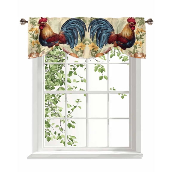 Red Rooster Flowers Egg Tie Up Valances Curtain, Vintage Style Farm Rooster Watercolor Kitchen Valances for Windows Decor, Rod Pocket Short Curtains Set for Bedroom/Bathroom, 42"x18"