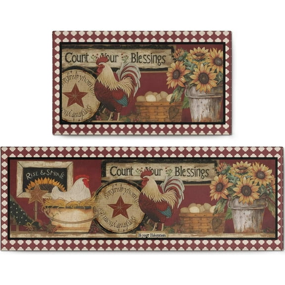 Red Rooster Kitchen Rugs Set of 2 Farmhouse Kitchen Rug Decoration Non Skid, Washable Chicken Rugs for Kitchen Floor, Farmhouse Decorative Rooster Kitchen Mats and Rugs for Seasonal Holiday Sets