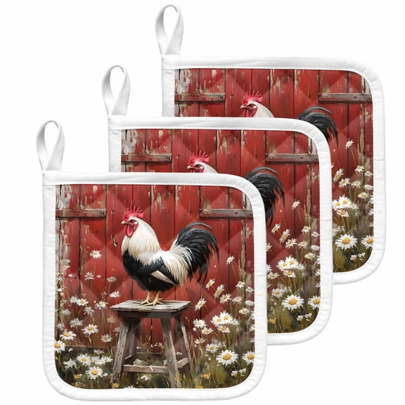 Red Rooster Pot Holders for Kitchen Heatproof Potholder, 3 Pack Farmhouse Animals Spring Floral Rustic Hot Pads Multipurpose Oven Pads Cloth Potholders Trivet for Cooking Baking