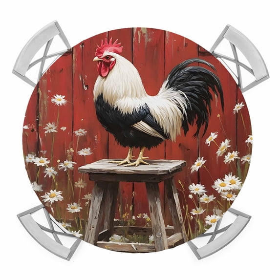 Red Rooster Round Tablecloth for 36-44 Inch Tables,Fitted Table Cover with Elastic Edge,Farmhouse Animals Spring Floral Rustic Waterproof Outdoor Table Cloth Protector for Patio Garden Dinner Picnic