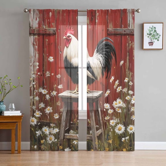 Red Rooster Sheer Curtains 63 Inch Length 2 Panels Set for Living Room/Bedroom, Farmhouse Animals Spring Floral Rustic Semi Curtain Sheers Drapes Rod Pocket Curtains Window Treatment Set 52''x63''x2