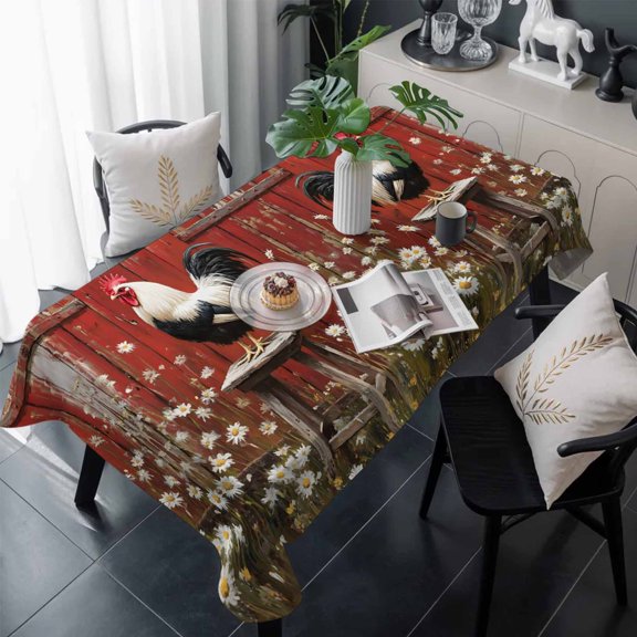 Red Rooster Table Cloth Waterproof Tablecloths, Farmhouse Animals Spring Floral Rustic Tablecloth Dining Table Cover for Kitchen Party Tabletop Outdoor, Rectangle Tablecloth 60x120 Inch