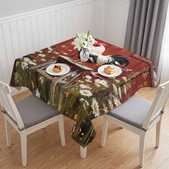 Red Rooster Table Cloth Waterproof Tablecloths, Farmhouse Animals Spring Floral Rustic Tablecloth Dining Table Cover for Kitchen Party Tabletop Outdoor, Square Tablecloth 60x60 Inch