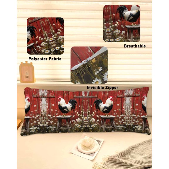 Red Rooster Throw Pillow Covers, Farmhouse Animals Spring Floral Rustic Soft Breathable Pillow Cases with Invisible Zipper for Sleeping, Long Body Pillowcases for Couch Bed Sofa Chair 20x54 Inches