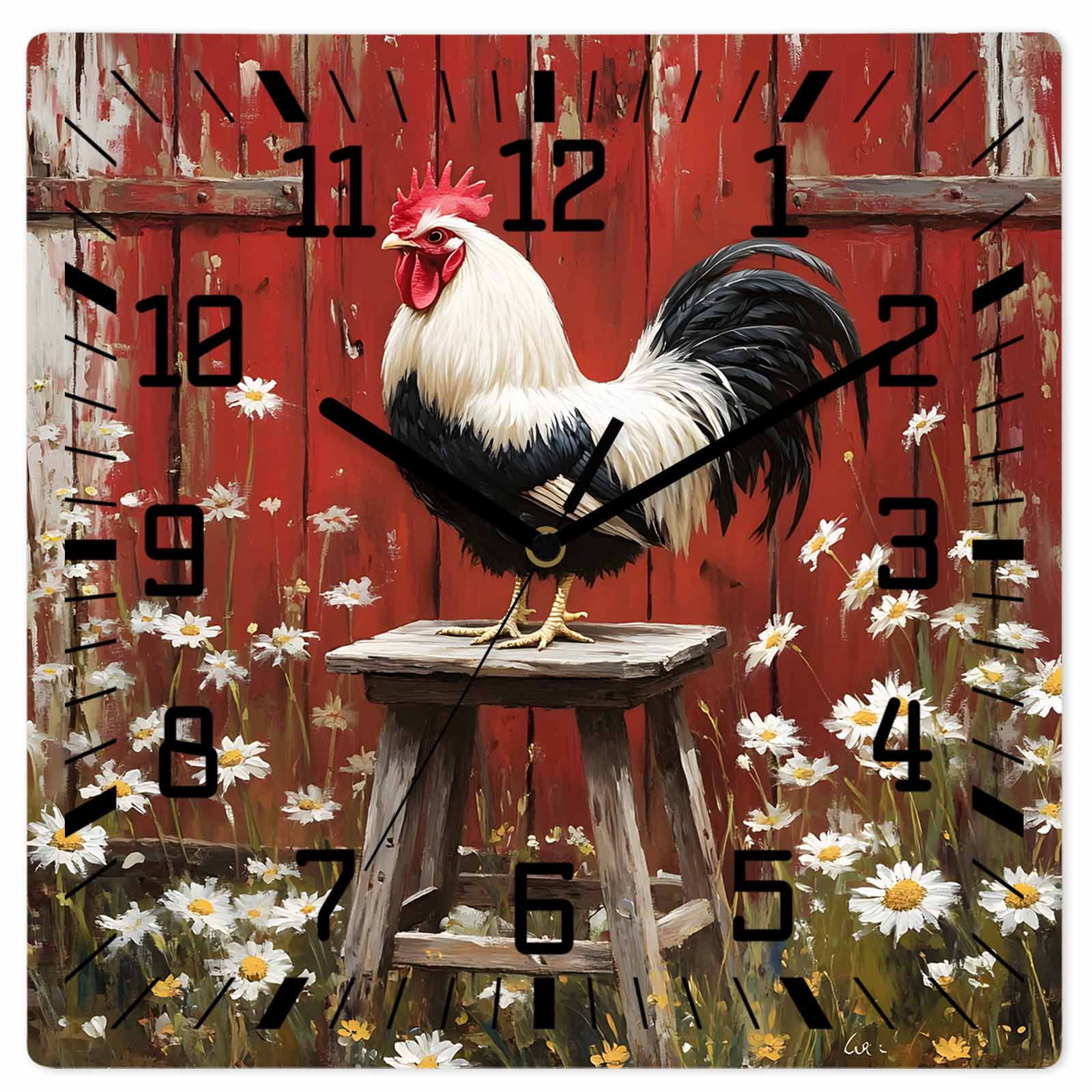 Red Rooster Wooden Wall Clock Silent Non Ticking, Farmhouse Animals ...