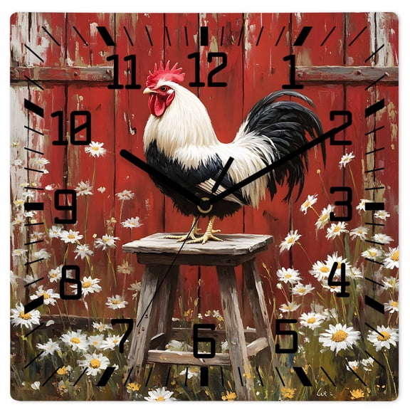 Red Rooster Wooden Wall Clock Silent Non Ticking, Farmhouse Animals Spring Floral Rustic Square Wall Clocks Battery Operated, Decor Clock for Home Office, Living Room, Kitchen, 10 Inch