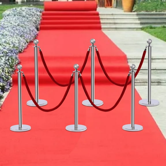 Red Rope & Silver Post Queue System 6 Stanchions 4-Way Connection for Events