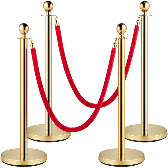 Red Rope Stanchions 4-Pack, 5ft Crowd Control Barriers - Stainless Steel Posts with Ball Top & Flannel Rope for Theater, Wedding, Event & Ticket Line Management