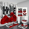 thumbnail image 1 of Red Rose 4 Pcs Shower Curtain Sets Non-Slip Rugs Bath Mat Toilet Cover U Shaped Mat Black Red Shower Curtain with 12 Hooks Red Rose Valentine's Day Bathroom Set, 1 of 7