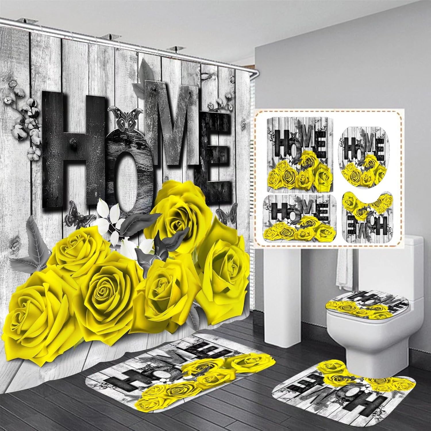 Red Rose 4 Pcs Shower Curtain Sets Non-Slip Rugs Bath Mat Toilet Cover U Shaped Mat Black Red Shower Curtain with 12 Hooks Red Rose Bathroom Set