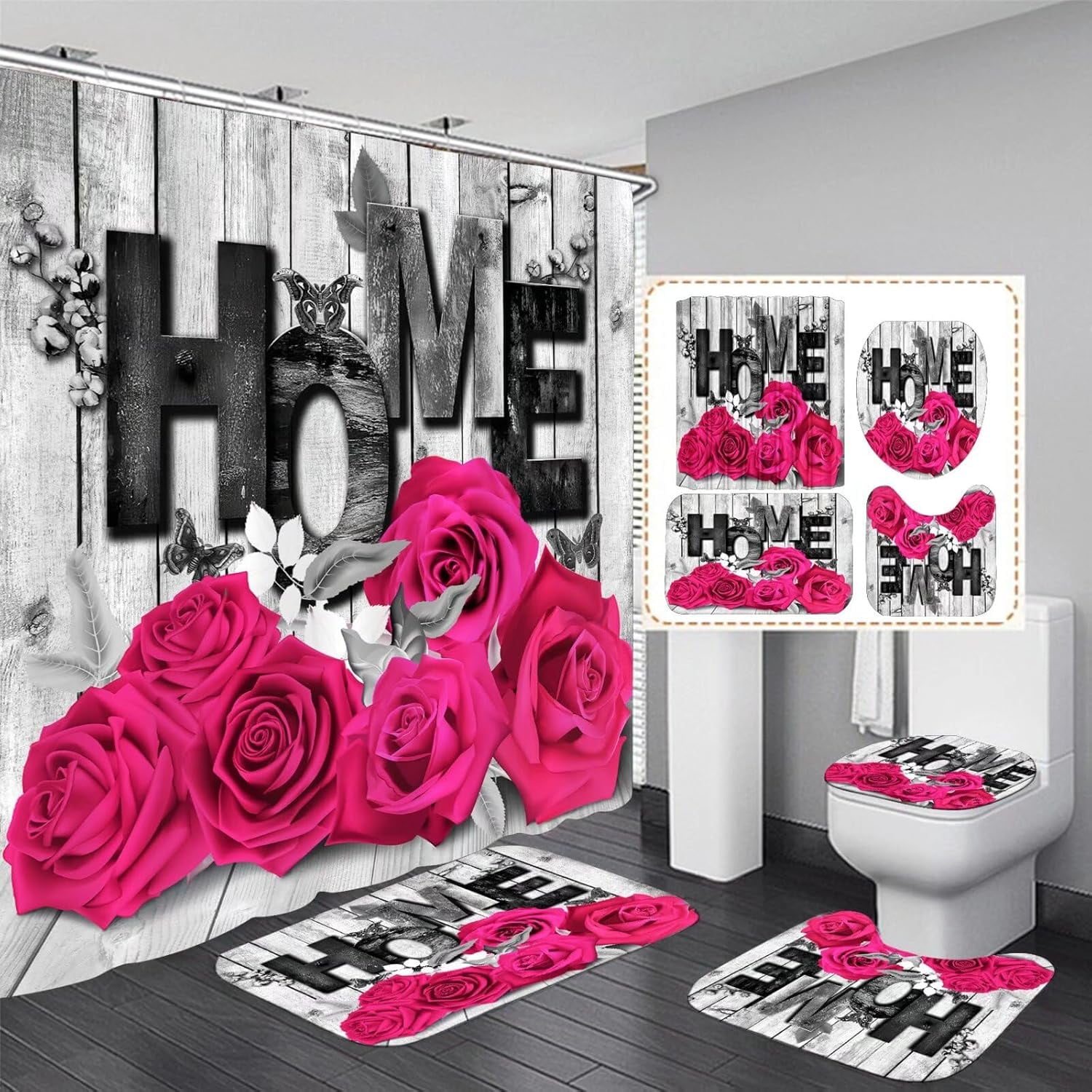Red Rose 4 Pcs Shower Curtain Sets Non-Slip Rugs Bath Mat Toilet Cover U Shaped Mat Black Red Shower Curtain with 12 Hooks Red Rose Bathroom Set