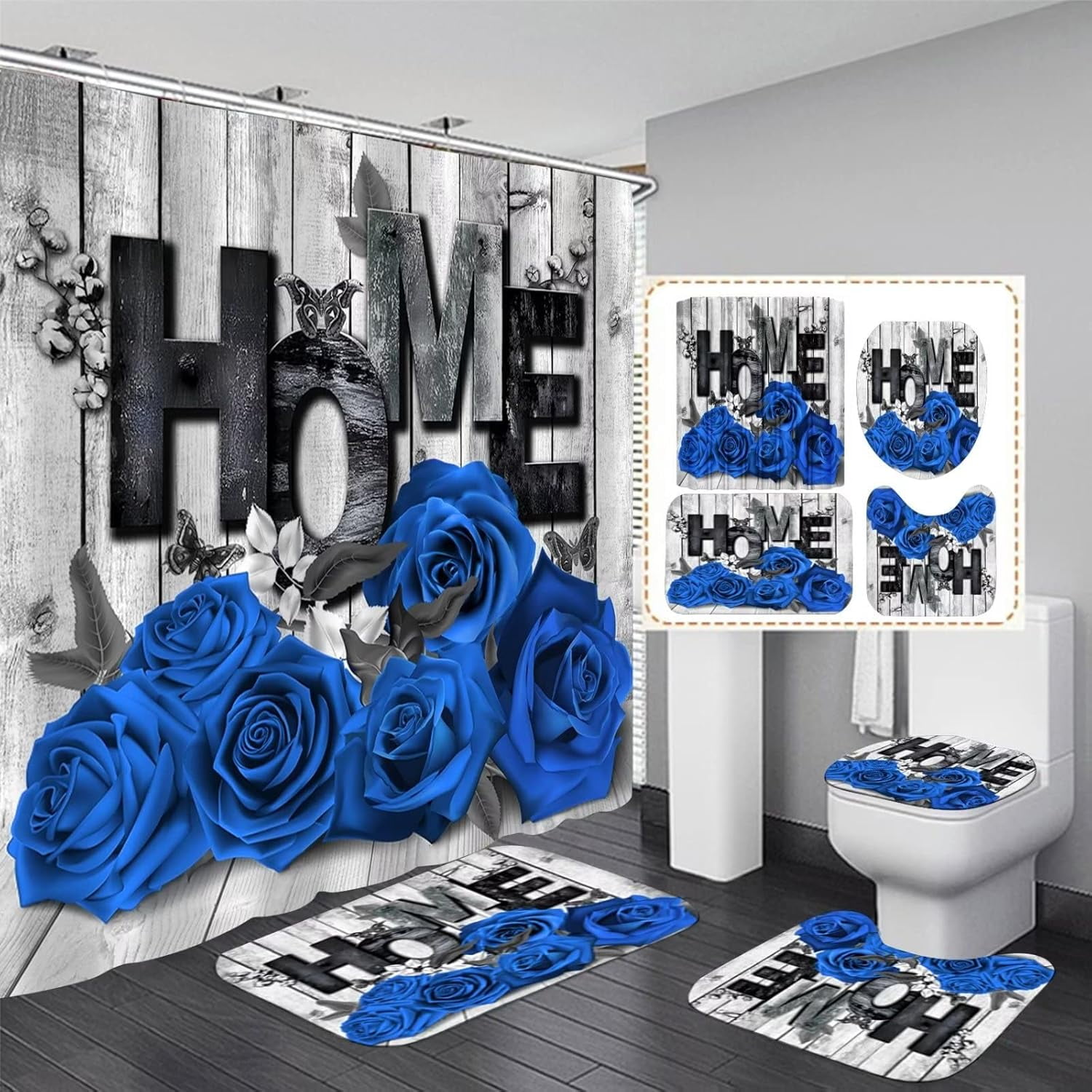 Red Rose 4 Pcs Shower Curtain Sets Non-Slip Rugs Bath Mat Toilet Cover U Shaped Mat Black Red Shower Curtain with 12 Hooks Red Rose Bathroom Set