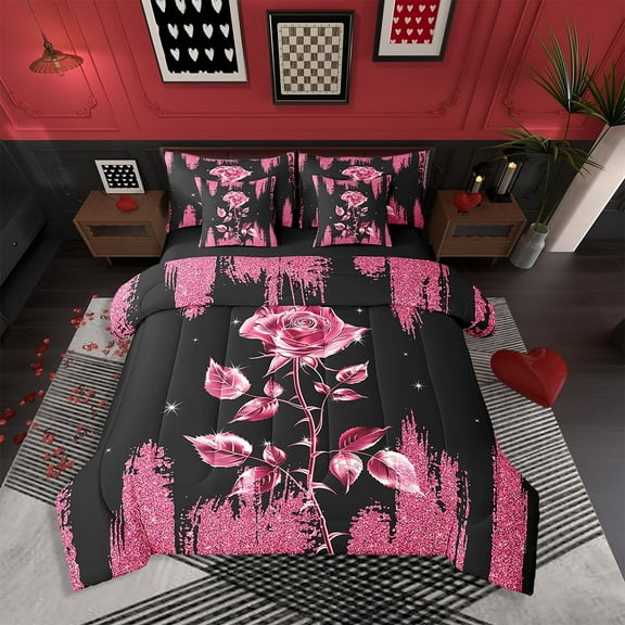 Red Rose 7 Pcs Comforter Set,Glitter Sequins Pattern Bed in a Bag Twin,Romantic Rose Bedding Set with Flat Fitted Sheet Pillowcase and Sham Bedroom Decor