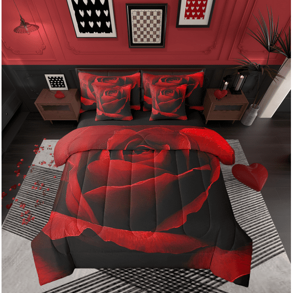 Red Rose 7 Piece Bed in a Bag King,Romantic Floral Red and Black Bedding Set Bed Sheets Women Couple,Valentine's Day Lovers Comforter Set,Rose Flower Sheet Set with Comforter