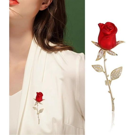 Red Rose Alloy Enamel Brooch with Rhinestones Flower Brooch Pins 62x24mm Vintage Floral Pin Fashion Jewelry for Women Apparel Coat Jacket Scarf Decoration 1pc