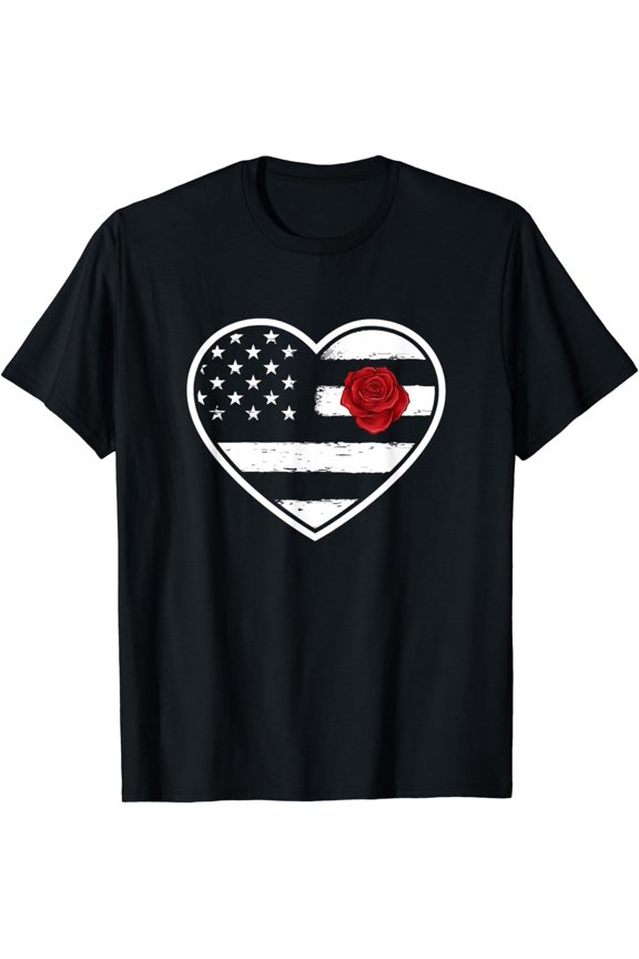 Red Rose American Flag Heart - Rose Lover Gift Gardener T-Shirt