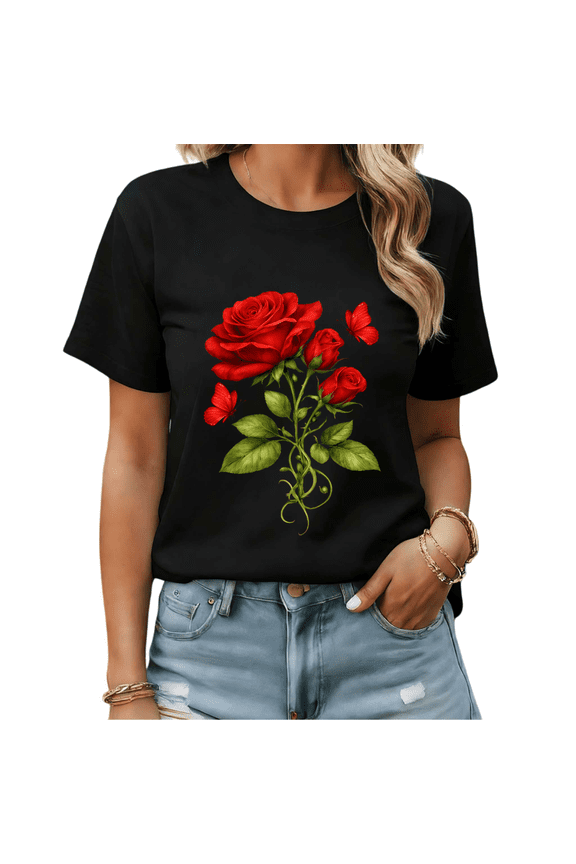 Red Rose And Butterfly Floral Graphic Tees Womans Tshirt Shirts Black White S-5XL Tops