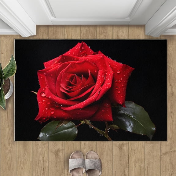 Red Rose Area Rug - 3D Rose Area Rugs for Entryway, 2x3 Rug, Romantic Floral Washable Rugs for Bedroom, Black Background Carpet, Aesthetics Carpet - Valentine''s Day Home Decor Gifts for Women