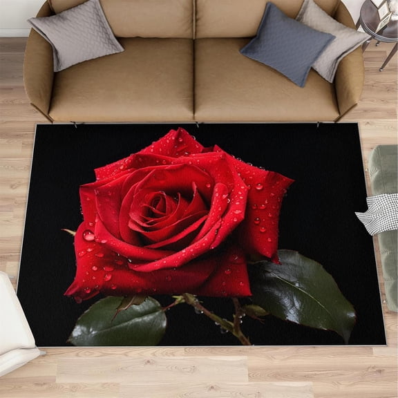 Red Rose Area Rug - 3D Rose Area Rugs for Living Room, 3x5 Rug, Romantic Floral Washable Rugs for Bedroom, Black Background Carpet, Aesthetics Carpet - Valentine''s Day Home Decor Gifts for Women