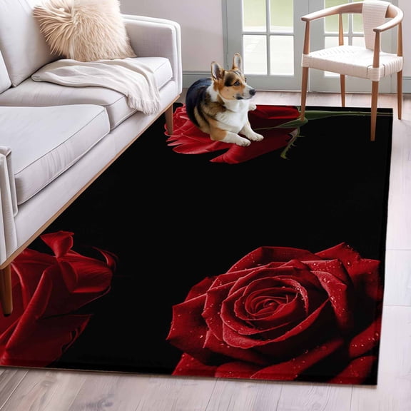 Red Rose Area Rug 3x5 FT, Non Slip Entryway Bedside Carpet, Vintage Abstract Garden Flower Floral Black Washable Soft Floor Carpet Indoor Mat Non-Shedding Throw Rug for Dorm Kitchen Home Office