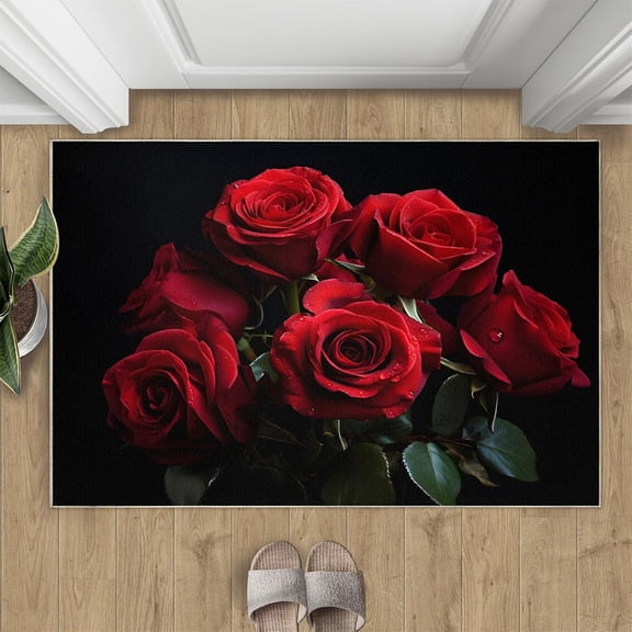 Red Rose Area Rugs for Entryway - Romantic Floral Area Rug, 2x3 Rug, Red Floral Washable Non Slip Rugs, Black Background Carpet, Valentine''s Day Carpet - Rose Home Decor Gifts for Women