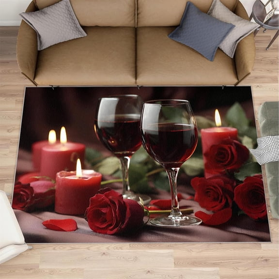 Red Rose Area Rugs for Living Room - Red Wine Area Rug, 3x5 Rug, Valentine''s Day Washable Non Slip Rugs, Romantic Decor Carpet, Aesthetics Carpet - Rose Home Decor Gifts for Women