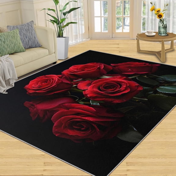 Red Rose Area Rugs for Living Room - Romantic Floral Area Rug, 5x8 Rug, Red Floral Washable Non Slip Rugs, Black Background Carpet, Valentine''s Day Carpet - Rose Home Decor Gifts for Women