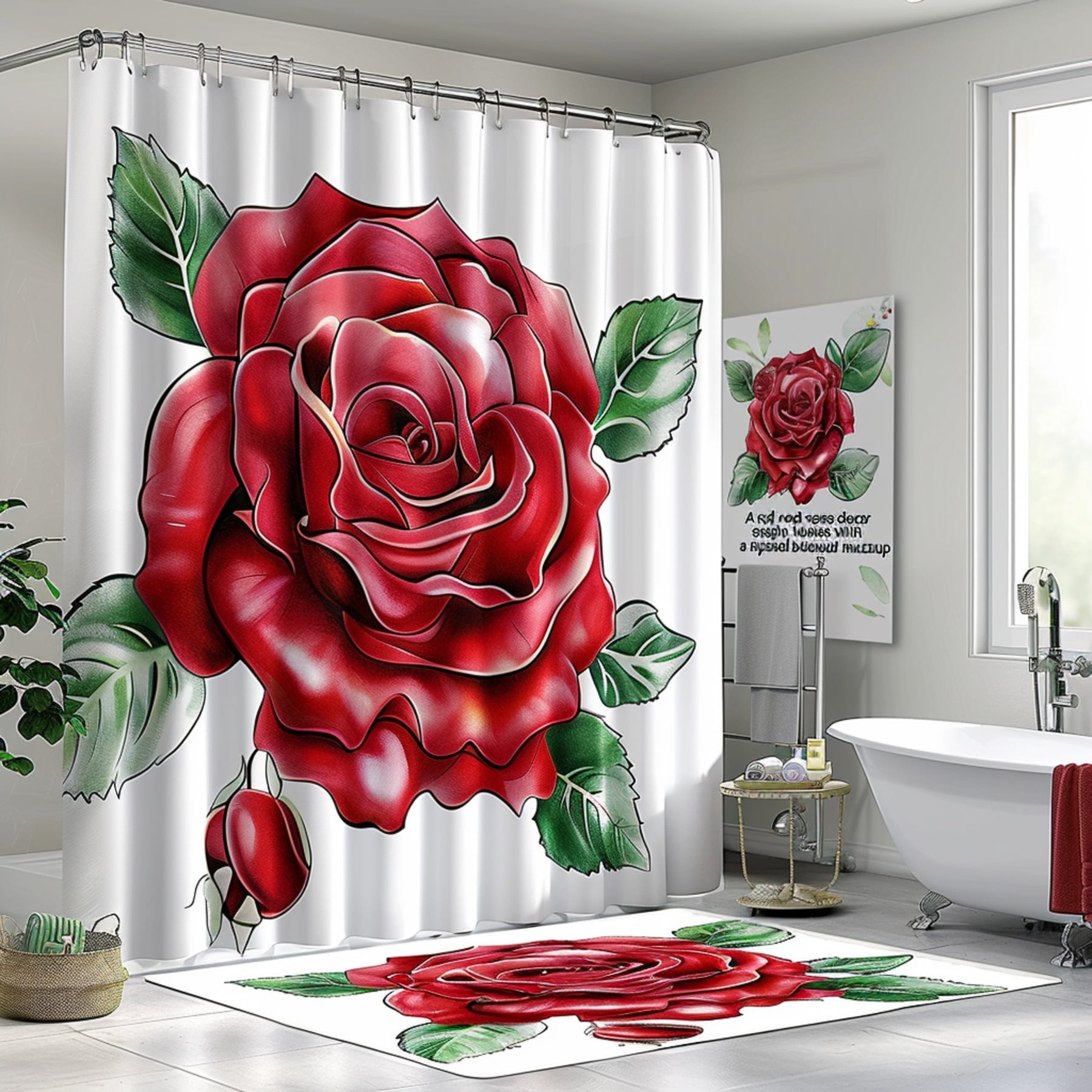 Red Rose Bathroom Decor Set with White Background and Oversized Flower