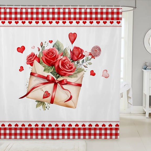 Red Rose Bathroom Shower Curtain Sets, Girls Romance Letter Fabric Shower Curtain for Valentine''s Day Lovers Gifts Shower Curtain, Geometry Buffalo Plaid Check Bath Curtain 72"Wx72"L( Red Love)