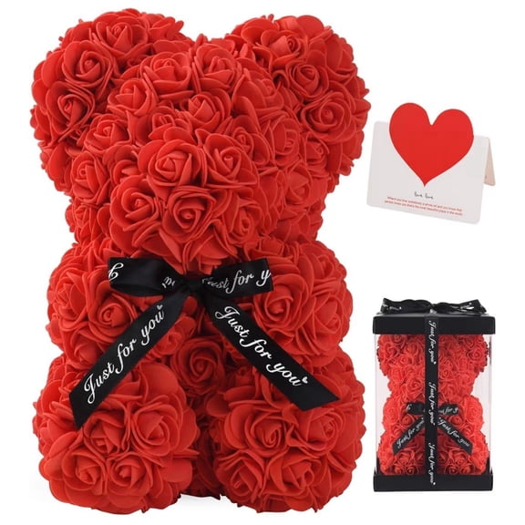 Red Rose Bear Teddy Made of Artificial Roses, 10 Inch Flower Bear Gift with Transparent Gift Box, Romantic Décor for Valentine’s Day, Wedding, Anniversary, Mother’s Day