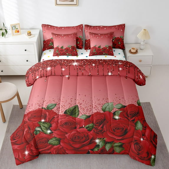 Red Rose Bed in a Bag King Size Comforter Set 7 Pieces,Diamond Crystal Fluid Art Sheet Set with Comforter,Abstract Ombre Bedding Set Romantic Garden Flowers Bed Set Boho Floral Bohemian Decor