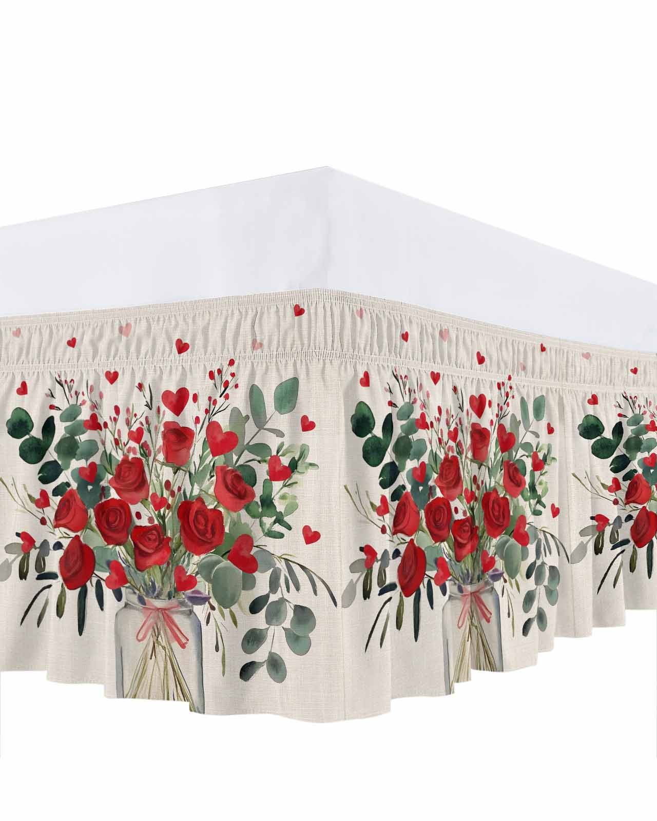 Red Rose Bed Skirt Queen Size 18 Inch Drop, Eucalyptus Leaf Floral Linen Texture Adjustable Elastic Dust Ruffles Bedskirt for Queen Bed Wrap Around Pleated Mattress Frame Cover