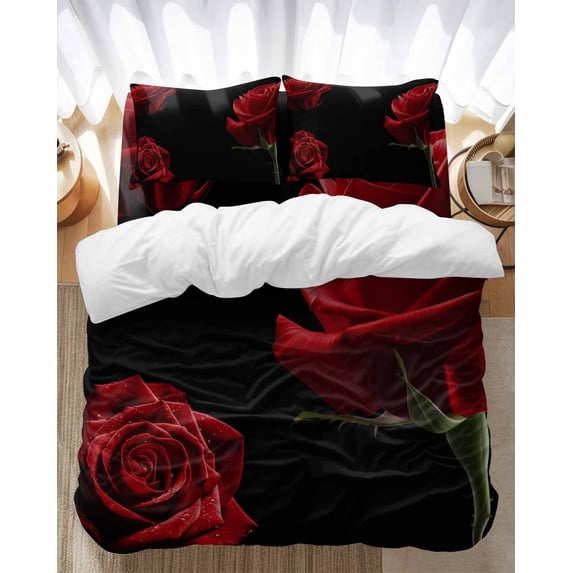 Red Rose Bedding Duvet Cover Set Full Size 4 Pieces Vintage Flower Garden Abstract Art Black Bedding Set with Zipper Closure, 1 Comforter Cover 86x86 Inches 1 Flat Sheet & 2 Pillow Cases