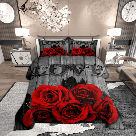 Red Rose Bedding Set Twin Red Black Valentine'S Day Comforter Set Women Men Couple,Romantic Floral Duvet Insert Comforter Rustic Farmhouse Quilt Bedding 1 Pillow Case Grey