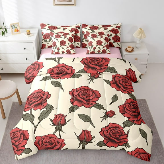 Red Rose Bedding Set Twin Size,Vintage Romantic Floral Comforter Set Women,Retro Leaf Flower(Comforter+Fitted+Flat Sheet+2 Pillowcases+2 Throw Pillow Covers) 7 Pieces Bed Set