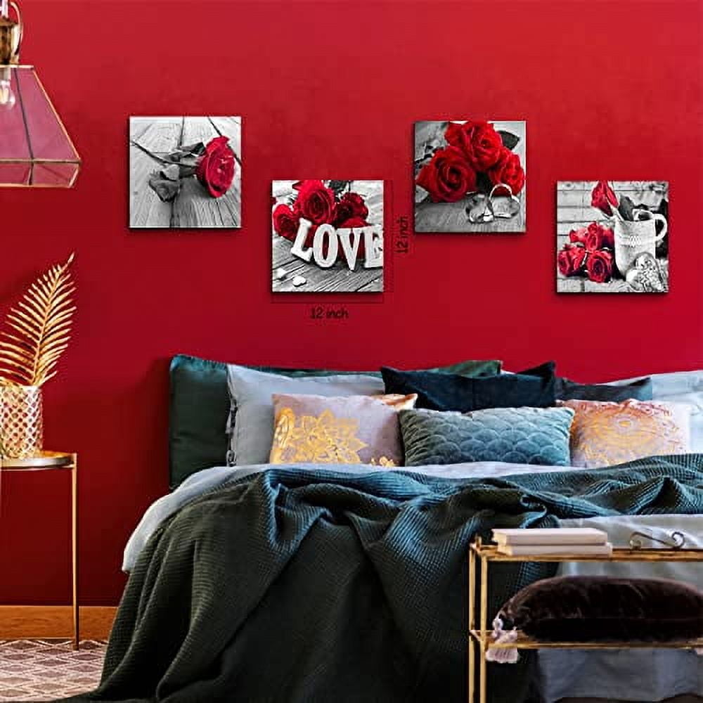 Red Rose Bedroom Wall Art Black and White Wall Decor for Living Room ...