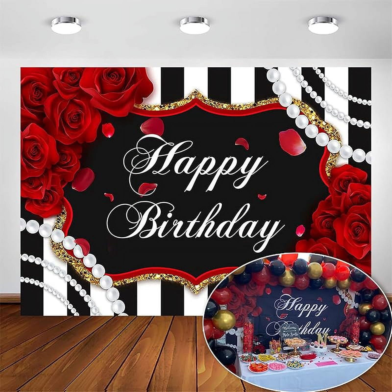 Red Rose Birthday Backdrop for 7x5ft Red Roses Flowers Pearl Black and ...