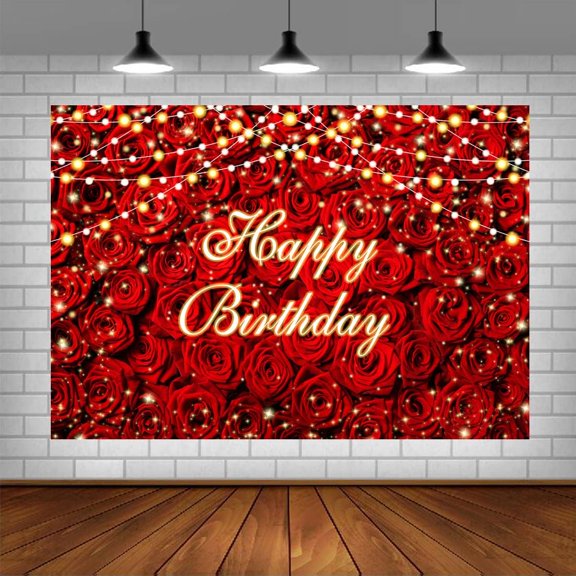 Red Rose Birthday Backdrop Red Roses Floral Gold Happy Birthday Background for Girls Woman Birthday Party Decorations Banner Photo Booth Props